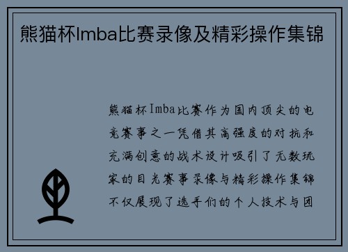 熊猫杯Imba比赛录像及精彩操作集锦