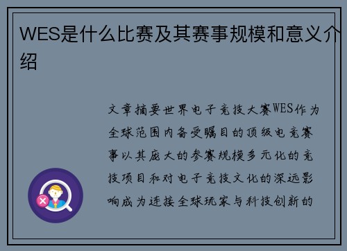 WES是什么比赛及其赛事规模和意义介绍