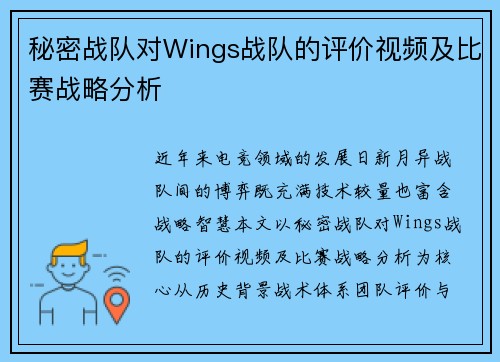 秘密战队对Wings战队的评价视频及比赛战略分析